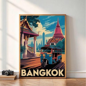 Bangkok Travel Poster – Retro Tuk Tuk and Temple Digital Wall Art, Thailand City Print