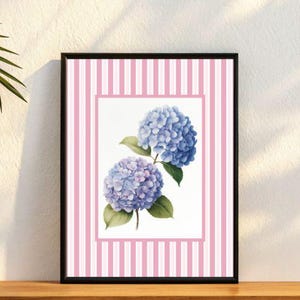 Vintage Hydrangea Digital Wall Art – Minimalist Botanical Print with Pink Striped Border, Blue and Purple Flowers, Instant Download