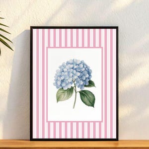Single Blue Hydrangea Digital Wall Art – Minimalist Botanical Printable with Pink Striped Vintage Border, Feminine Floral Decor