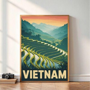 Vietnam Travel Poster – Retro Rice Terrace Landscape Digital Print, Southeast Asia Wall Art