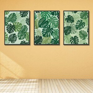 Green Monstera Leaf Art Print Set of 3, Minimalist Botanical Wall art, Tropical Plant art, Serene Nature Digital Download, Plant Lover Gift