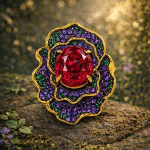 May include: A gold ring in the form of a rose, with a large, oval-cut red gemstone at the centre. The petals are embellished with purple and green gemstones. The ring is displayed on a natural stone surface.