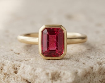 Ruby Silver Ring, Emerald Cut Ruby Ring, Handmade Red Gemstone Ring