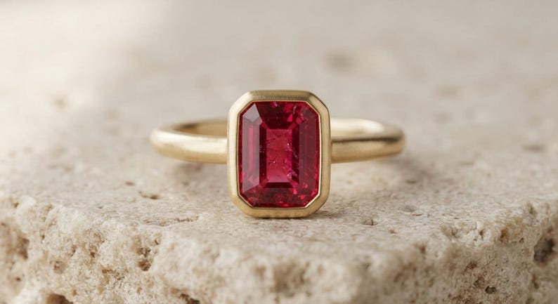 May include: A gold ring featuring a rectangular, emerald-cut, deep red gemstone set in a smooth bezel setting. The band is a simple, polished gold metal. The gemstone is centred and displays a vibrant, saturated red hue with clear facets.