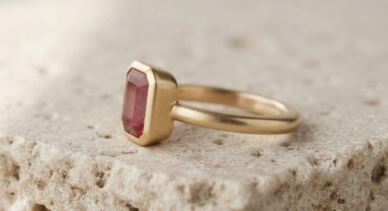 May include: A gold ring featuring a rectangular, emerald-cut red gemstone set in a smooth, bezel-style mounting. The band has a matte, brushed finish, and the gemstone is positioned vertically, showcasing its deep red colour and faceted surface.
