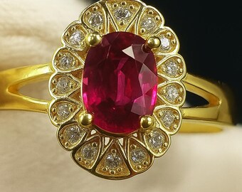 Ruby Halo Ring: Oval Cut Stone with Gold Plated Band - Astrology Jewelry