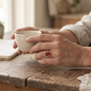 May include: A gold ring featuring a rectangular red gemstone set in a simple metal band. The ring is worn on a finger, and the setting displays a vibrant, deep red colour with a polished finish, highlighting the clear, faceted surface of the stone.