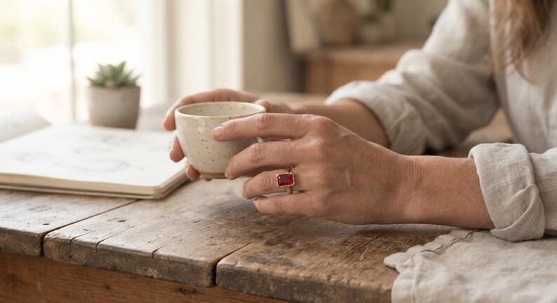 May include: A gold ring featuring a rectangular red gemstone set in a simple metal band. The ring is worn on a finger, and the setting displays a vibrant, deep red colour with a polished finish, highlighting the clear, faceted surface of the stone.