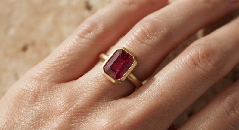 May include: A ring featuring a rectangular, emerald-cut deep red gemstone set in a smooth, matte-finish yellow gold bezel setting. The band is a simple, solid yellow gold design that complements the prominent, faceted red stone at the centre.