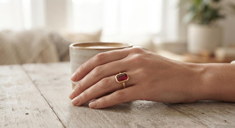 May include: A gold ring featuring a large, rectangular, deep red gemstone set in a smooth metal bezel. The ring is worn on a finger, showcasing the vibrant colour of the stone and the polished finish of the gold band against the skin.