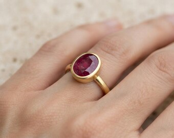 Ruby Silver Ring, Oval Red Gemstone Ring, Handmade Sterling Silver Jewelry