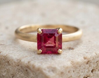 Handmade Asscher Cut Ruby Ring, Sterling Silver, Minimalist Gemstone Jewelry