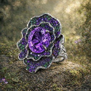 Amethyst Ring: versilberter Halo - Edelstein im Ovalschliff