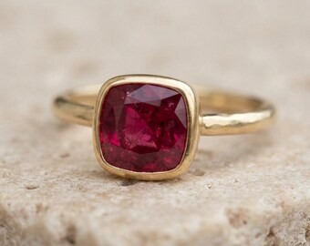 Handmade Cushion Cut Ruby Ring, Hammered Silver Bezel Setting