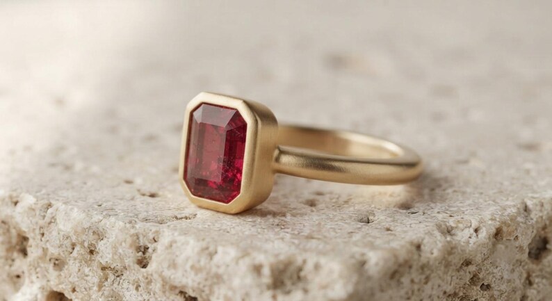 May include: A gold ring featuring a rectangular, emerald-cut deep red gemstone set in a smooth, matte-finish gold bezel. The band is solid gold with a rounded profile, showcasing a clean, simple design that highlights the vibrant red stone.
