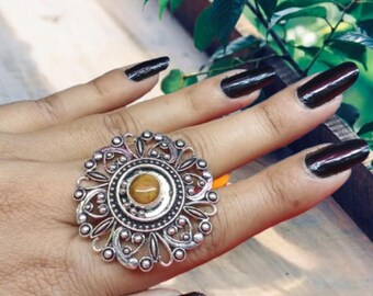 Boho Oxidized Statement Ring mit Tigerauge Stein silber Vintage Tribal Ring für Frauen