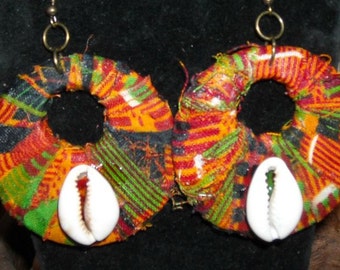 Kente Hoop Earrings with Cowrie Shells