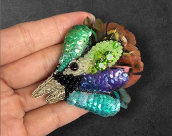 Bird Feather Beaded Brooch, Hand Embroidered Sequin pin, Colorful Art Jewelry
