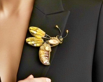 Yellow Bee Beaded Brooch, Hand Embroidered Insect Pin, Art Jewelry gift