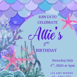 Mermaid Birthday Invitation: Under the Sea Party, Editable Canva Template (Digital Download)
