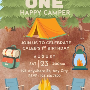 Happy Camper Birthday Invitation: Forest Tent Theme (Canva Template, Digital Download)
