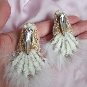 Swarovski Crystal Feather Earrings: White & Gold Glamour Style