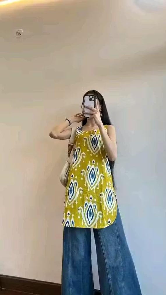 Mustard Yellow Ikat Print Cami Kurti Spaghetti Strap Ethnic Top Boho Indo Western Tunic Summer Cotton Kurti for Women