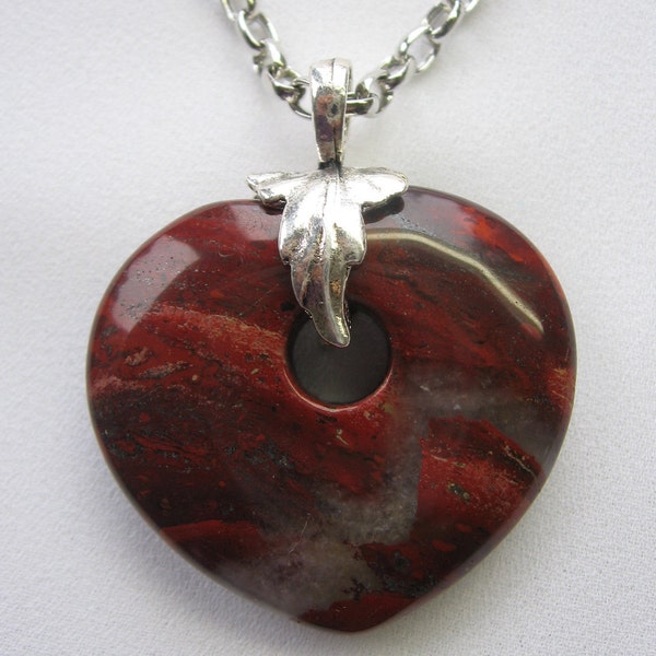 Large Red Flame Jasper Heart with Leaf Bail on Metal Chain