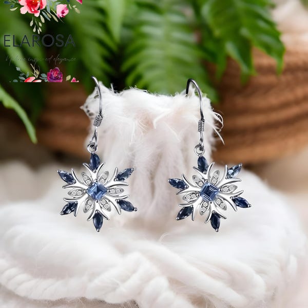Blaue Kristall Schneeflocke Ohrringe, 925 Silber Winter inspirierte Baumeln Tropfen Ohrringe, Winter Wunderland Weihnachten Festliches Schmuck Geschenk für Sie