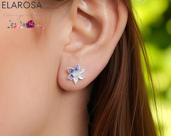 Purple Pearl Flower Stud Earrings: 925 Sterling Silver Enamel Jewelry