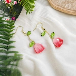 Tulip Drop Earrings, Pink Floral Drop Earring Gift, Spring Summer Flower Jewelry Gift to Her, Nature Inspired Tulip Accessories, Pink Flower