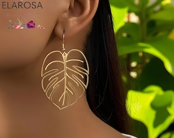 Gouden bengeloorbellen monsterablad: 925 sterlingzilver, tropische sieraden