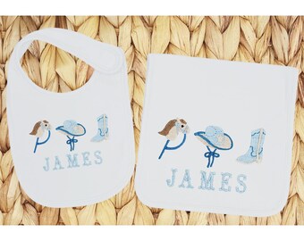 Personalized Cowboy Baby Bib and Burp Cloth Set: Embroidered Western Gift