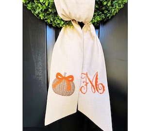 Embroidered Pumpkin Fall Wreath Sash - Personalized Autumn Door Decor