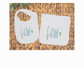 Personalized Baby Bib & Burp Cloth Set: Fishing Pole Embroidery