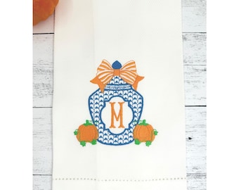 Monogrammed Fall Guest Towel – Blue Ginger Jar with Pumpkins | Linen or Huck Cotton