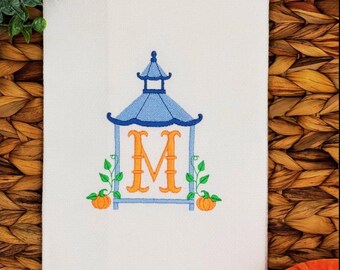 Monogrammed Fall Guest Towel – Pagoda & Pumpkin Embroidery