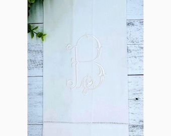 Monogrammed Linen Guest Towel, Vintage Hemstitch Powder Room Decor
