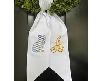 Monogrammed Chinoiserie Staffordshire Dog Wreath Sash: Personalized Linen or Cotton
