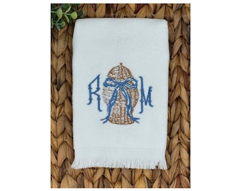 Embroidered Velour Fingertip Towel, Rattan Ginger Jar Monogram