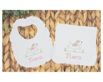 Personalized Baby Bib and Burp Cloth Set: Embroidered Running Dog Design
