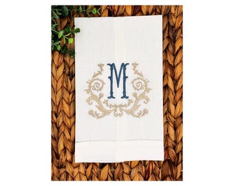 Monogrammed Linen Guest Towel – Embroidered Baroque Initial