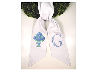 Monogrammed Wreath Sash | Embroidered Hydrangea Bouquet, Personalized Door Decor