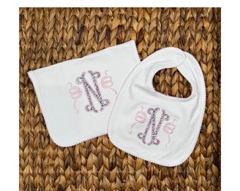 Personalized Liberty of London Baby Bib and Burp Cloth Set - Monogrammed Initial with Bows