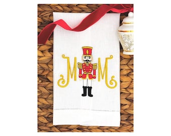 Monogrammed Nutcracker Christmas Guest Towel – Embroidered Hemstitch & Huck Linen, Holiday Guest Towels,