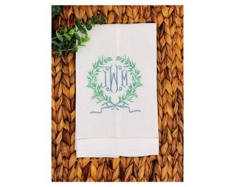 Monogrammed Linen Guest Towel, Vintage Floral Wreath, Hemstitch Huck Towel