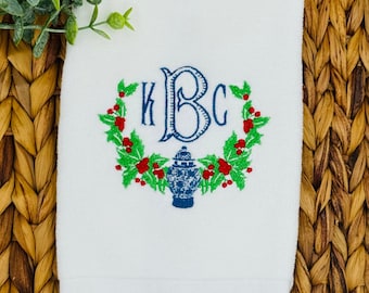 Monogrammed Velour Fingertip Towel, Holiday Wreath Embroidery, Elegant Bathroom Decor