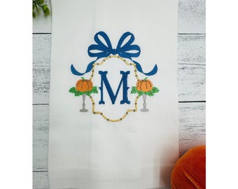 Monogrammed Fall Guest Towel – Bamboo Frame with Pumpkins | Hemstitch Linen or Huck Cotton