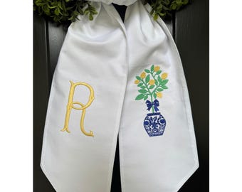Monogrammed Lemon Tree Wreath Sash: Chinoiserie Embroidered Door Decor