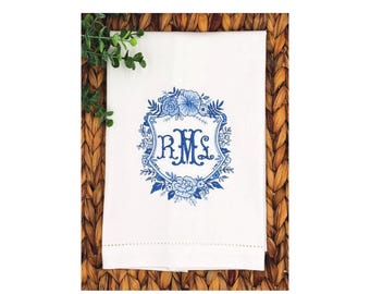 Monogrammed Linen Guest Towel, Blue Floral Embroidery, Hemstitch Huck Towel